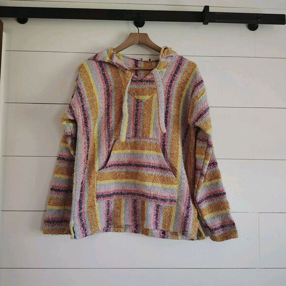 Earthbound Trading Company Baja Hoodie Drug Rug Unisex Adult Pink Blue Yellow M - Picture 1 of 7
